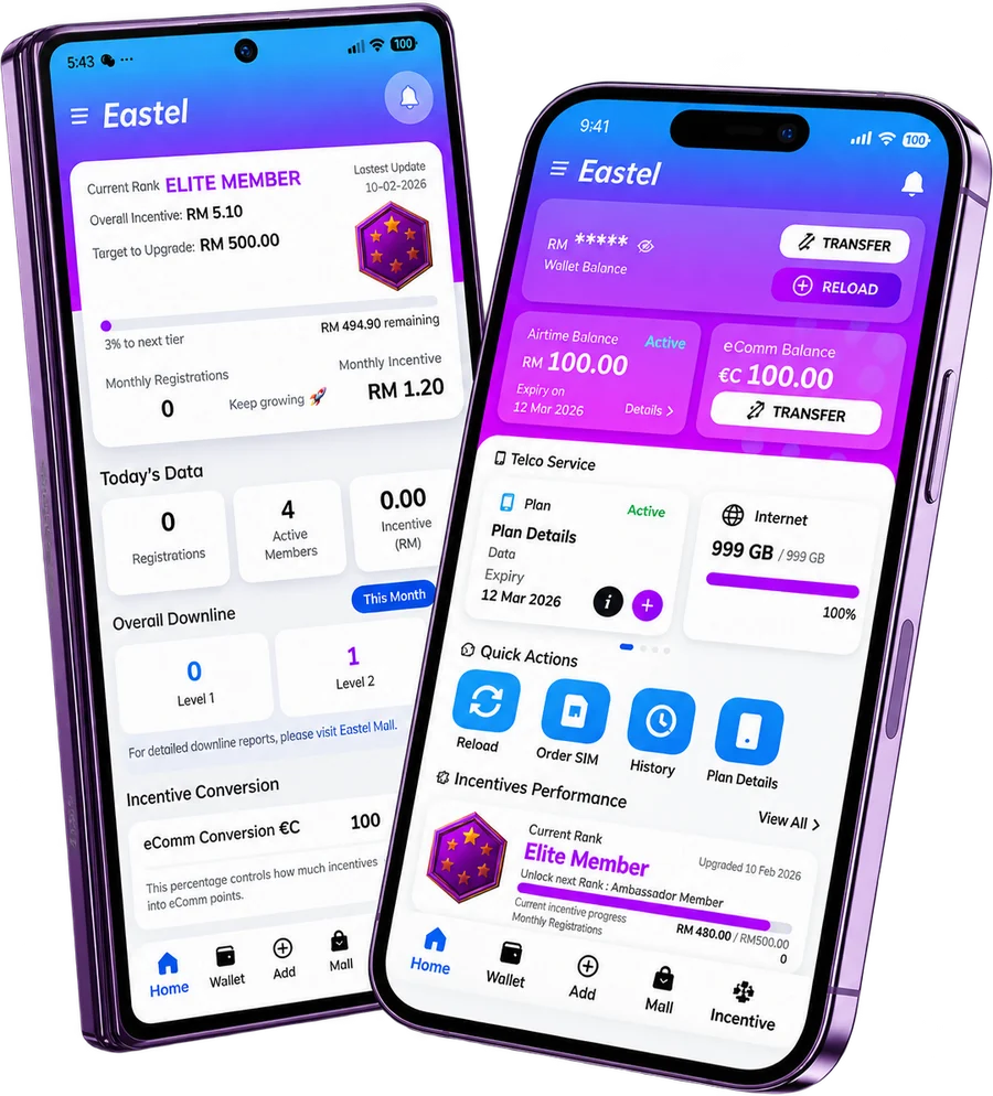Aplikasi Eastel pada telefon: baki dompet, pelan data dan insentif