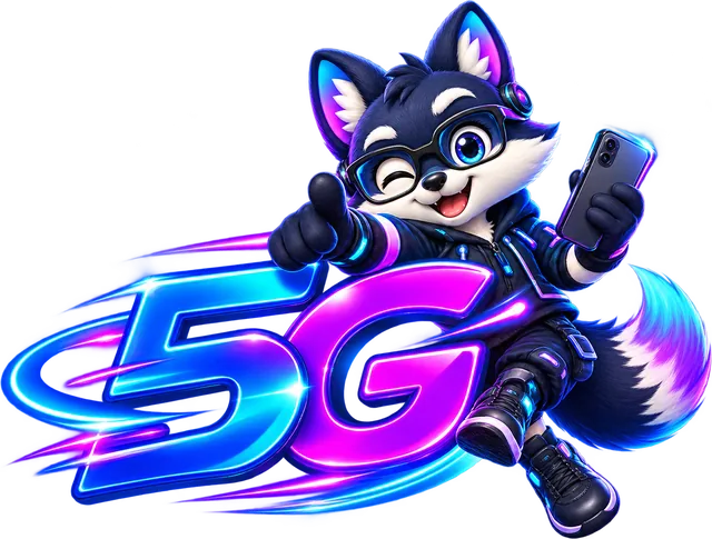 Maskot rubah Eastel bergaya neon dengan logo 5G sambil memegang telefon