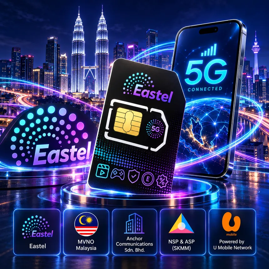 Simkad Eastel 5G dengan telefon, menara berkembar dan rangkaian U Mobile